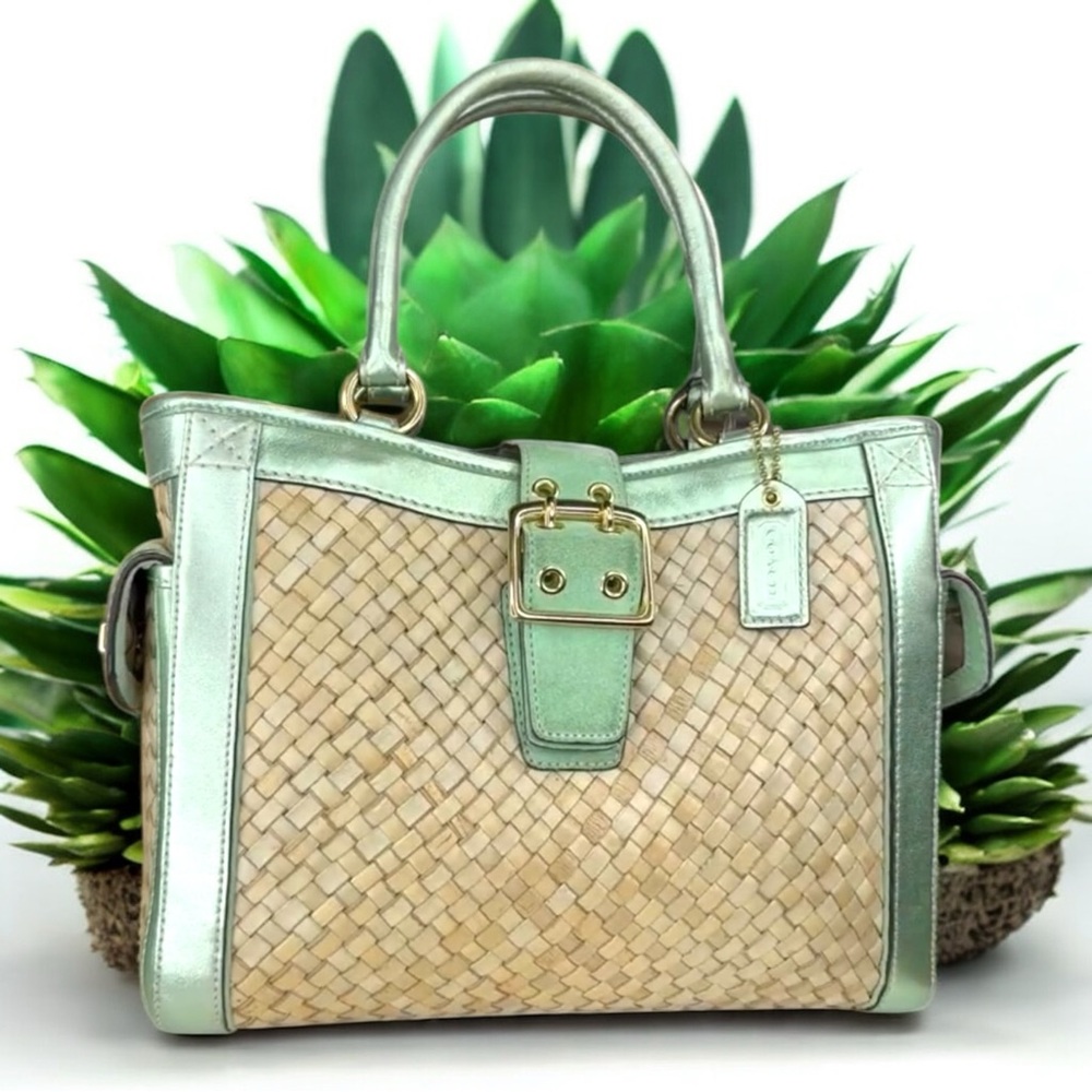Coach Green and Tan Tote with Woven Design - Picture 12 of 16